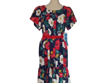 REDUCED! Vintage 70s 80s Hawaiian Style Tiered Flutter Sleeve Dress, Leisure Life, NWT, Sz Medium