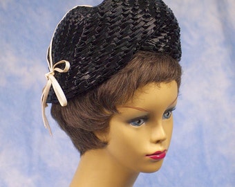 Vintage 60s Designer Mr. Monroe Straw Bubble Pillbox Hat Toque, Sz 22 Med Lg