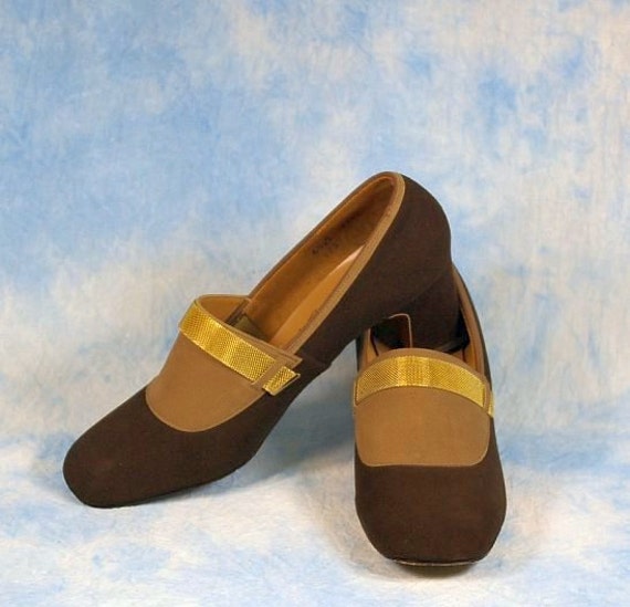 Vintage 60s Mod Suede Shoes Pumps, Chunky Heel, M… - image 1