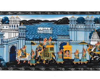 Handbemalte indische Miniaturkunst, königliche Hochzeitszeremonie mit Elefant und Sänfte