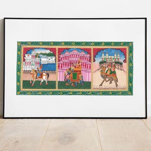 May include: A framed painting depicting three scenes of Indian architecture and people riding horses and camels. The painting is done in a traditional style with bright colors and intricate details.