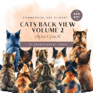 May include: A digital clipart pack of 13 watercolour illustrations of cats viewed from the back. The cats are various breeds and colours, including black, white, brown, orange, and calico. The illustrations are high-resolution and perfect for commercial use.