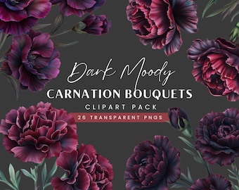 Gothic Carnation Clipart: Dark Moody Watercolor Florals (Digital Download)