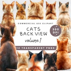 Derrière le chat Clipart Bundle, PNG transparents vue arrière, Volume 1, Illustration aquarelle pour animaux de compagnie, téléchargement numérique, usage Commercial
