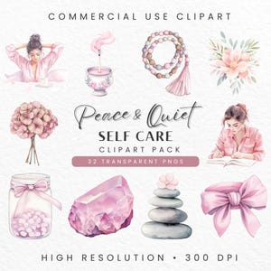 Clipart soins personnels, autocollants numériques pour le bien-être, illustrations pour une journée au spa, graphiques de relaxation, amour de soi PNG, téléchargement numérique pour journaux