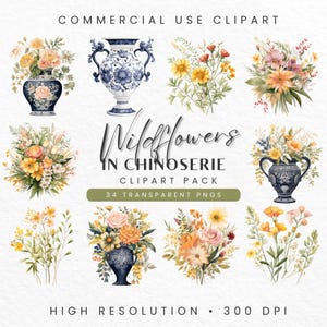 Chinoiserie Floral Clipart Bundle, Wildflower PNG Graphics, Vintage Botanical Illustrations for Wedding Invitations, Digital Download