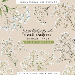 Puede incluir: Un paquete de clipart digital de 18 ramos de flores de aliento de bebé blanco. Los ramos están dispuestos en una variedad de poses y son perfectos para agregar un toque de elegancia a cualquier proyecto de diseño. El clipart es de alta resolución y viene en formato PNG con fondos transparentes.