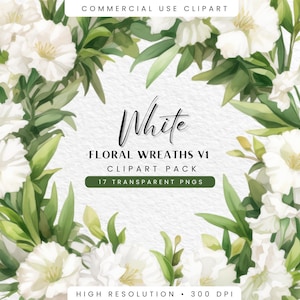 Clipart fleurs blanches funéraires, couronnes de fleurs aquarelle douce PNG, téléchargement numérique pour faire-parts funéraires et commémoratifs, usage Commercial