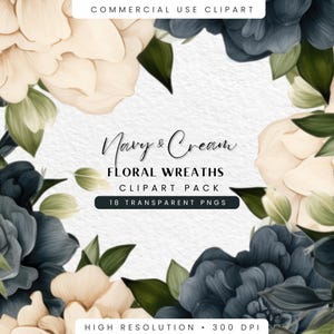 Clipart de fleurs bleu marine et crème, aquarelle de couronnes de fleurs PNG pour faire-part de mariage et image pour les funérailles, usage commercial à téléchargement numérique