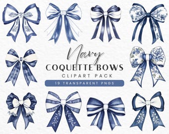 Navy Blue Bow Clipart, Coquette Watercolor Ribbon PNG, Preppy Stickers, Card Making