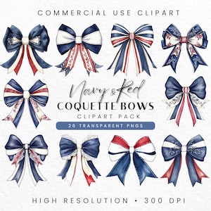Clipart blu navy e rosso, grafica di nastri acquerellati Coquette, download digitale per artigianato, uso commerciale, nautico femminile, 4 luglio