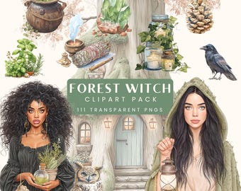 Puede incluir: Una colección de arte digital titulada "Forest Witch Clipart Pack" con ilustraciones de una bruja, un búho, un cuervo, botellas de pociones, velas y otros elementos místicos. La imagen incluye el texto "Commercial Use Clipart".