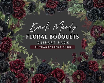 Dark Moody Floral Clipart: Gothic Watercolor PNG (Digital Download)
