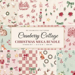 Op de afbeelding: Een digitale collectie van 60 naadloze patronen genaamd Cranberry Cottage Christmas Mega Bundle, met illustraties van ganzen, notenkrakers, konijnen, vossen, kerststerren, strikken en winterhuisjes in rood, groen en crème.