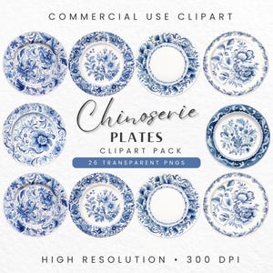 Toile de jouy blauwe en witte plaat clipart, chinoiserie vaas bruiloft clipart, Aziatisch servies, digitale PNG-download, commercieel gebruik