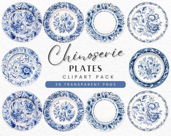 Platos Chinoiserie Azules: Clipart Floral Vintage PNG (Descarga Digital)