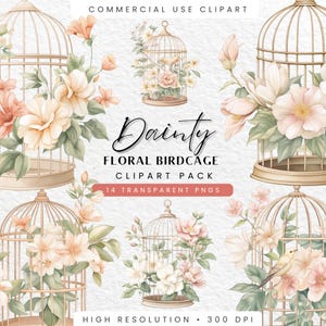 Dainty Floral Birdcage Clipart, Vintage Shabby Chic PNG, Digital Download for Spring Scrapbooking, Floral Illustrations, Commercial Use