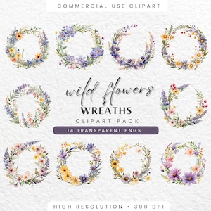 Watercolor Summer Floral Clipart, Spring Wreaths for Wedding Crest, Digital Downloads for Crafts, Junk Journals, Ephemera