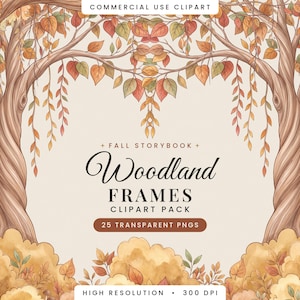 Puede incluir: Un gráfico digital con dos árboles estilizados de troncos y ramas marrones que enmarcan un área central llena de hojas de colores otoñales en tonos naranja, rojo y amarillo. Texto: COMMERCIAL USE CLIPART, FALL STORYBOOK, Woodland FRAMES, CLIPART PACK, 25 TRANSPARENT PNGS, HIGH RESOLUTION, 300 DPI.