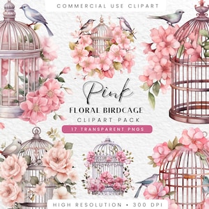 Pink Spring Floral Birdcage Clipart, Vintage Shabby Chic PNG, Digital Download for Spring Scrapbooking, Floral Illustrations, Commercial Use