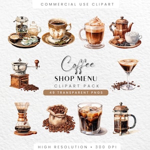 コーヒーカートのクリップアート、デジタルダウンロード用の水彩カフェPNG、カフェアート、商用利用、クラフト用品、朝食用グラフィック、商用利用