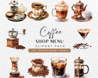 Watercolor Coffee Clipart: Cafe Menu PNG Bundle (Digital Download)