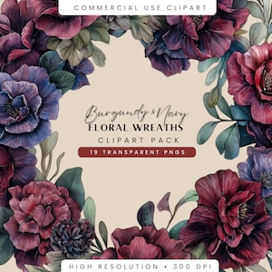 Clipart de couronnes de fleurs Bordeaux, aquarelle de fleurs bleu marine PNG, Illustrations numériques de bouquets de mariage, téléchargement numérique, usage Commercial
