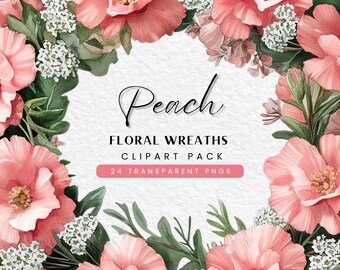 Peach Floral Wreath Clipart: Watercolor Flowers PNG (Digital Download)