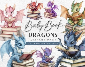 Puede incluir: Un conjunto de 32 imágenes de clipart digitales que presentan adorables dragones bebés leyendo libros. Los dragones están ilustrados en un estilo de acuarela con colores vibrantes y están sentados en pilas de libros. El texto "Baby Book Dragons" está incluido en la imagen.
