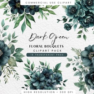 Clipart floral vert foncé fleurs, PNG transparents, aquarelle botanique, téléchargement numérique pour faire-part de mariage, funérailles et commémoration, V2