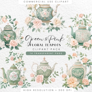 Floral Teapot Clipart Bundle, Watercolor Green and Pink Chinoiserie PNGs, High-Quality Digital Download for Crafting and Journals