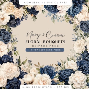 Navy Blue and Cream Flower Clipart, Watercolor Floral Bouquet PNG, Digital Download for Wedding Invitation and Funeral Image, Commercial Use