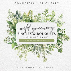 Wild Greenery Clipart, Watercolor Botanical PNG, Elements for Wedding Invitations, Digital Download for Scrapbooking & Junk Journals