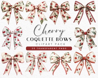 Watercolor Cherry Bow Clipart: Coquette Ribbon PNG Bundle (Digital Download)
