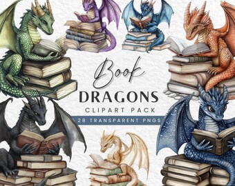 Puede incluir: Un conjunto de 28 imágenes de clipart digitales que representan dragones leyendo libros. Los dragones están ilustrados en varios colores, incluidos el verde, el morado, el azul, el naranja y el negro. Cada dragón está sentado en una pila de libros. El texto "Book Dragons Clipart Pack 28 Transparent PNGs" está incluido en la imagen.