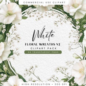 Clipart fleurs blanches funéraires, couronnes de fleurs aquarelle douce PNG, téléchargement numérique pour faire-parts funéraires et commémoratifs, usage Commercial