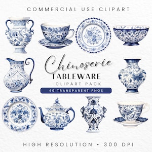 Chinoiserie Tableware Clipart: Floral Vases, Plates (PNG Digital Download)