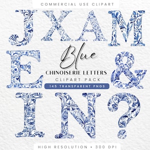 Letras imprimíveis Toile de Jouy Blue Chinoiserie, PNGs transparentes, download digital para brasão de casamento e família, uso comercial
