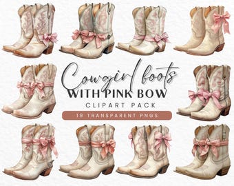 Aquarell Cowgirl Stiefel Clipart: rosa Schleifen, Western PNG (digitaler Download)