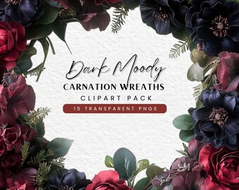 Dark Moody Carnation Wreaths Clipart: Gothic Floral PNG (Digital Download)