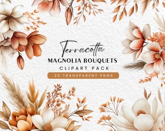 Clipart Magnolia en terre cuite : bouquet de fleurs d'automne (téléchargement numérique)