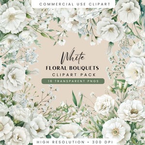 Clipart fleurs blanches funéraires, bouquets de fleurs aquarelle douce PNG, téléchargement numérique pour faire-parts funéraires et commémoration, usage Commercial