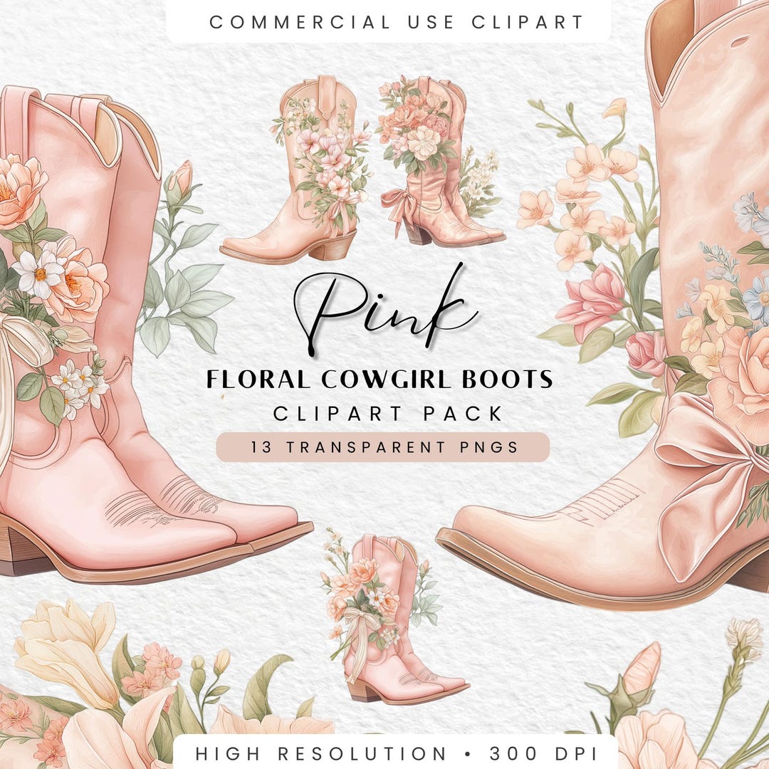 Pink Floral Cowgirl Boots Clipart Bundle: Western PNG (digital Download ...