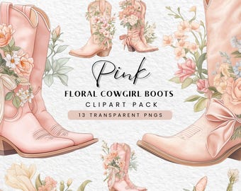 Pink Floral Cowgirl Stiefel Clipart Bundle: Western PNG (digitaler Download)
