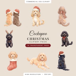 Clipart de Natal com Cockapoo: Cockapoo em aquarela com gorro de Papai Noel, vista traseira (PNG)