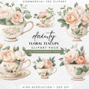 Dainty Floral Tea cup Clipart, Watercolor Flower Designs, Vintage Tea Party Chinoiserie, Digital Download for Scrapbooking and Journals