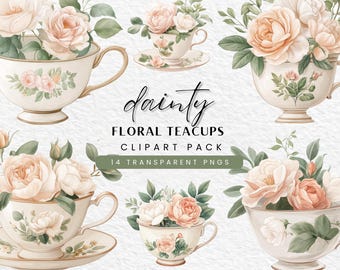 Clipart de taza de té floral en acuarela: diseños chinos vintage (descarga digital)