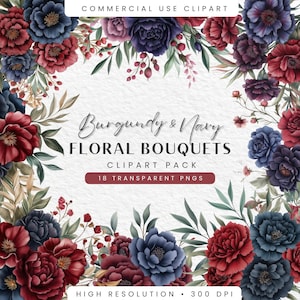 Clipart floral bordeaux, aquarelle de fleurs bleu marine PNG, Illustrations numériques de bouquets de mariage, téléchargement numérique, usage Commercial