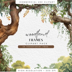 Könnte beinhalten: Eine digitale Illustration einer Waldszene mit einem Ast und Blättern. Der Text "Woodland Frames Clipart Pack 34 Transparent PNGs High Resolution 300 DPI" wird auf einem weißen Hintergrund angezeigt.