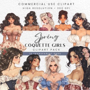 Spring Coquette Style Flirty Clipart, Rococo Women PNG, Vintage Fashion Art, Soft Girl Digital Stickers, Perfect for Junk Journals and Smut
